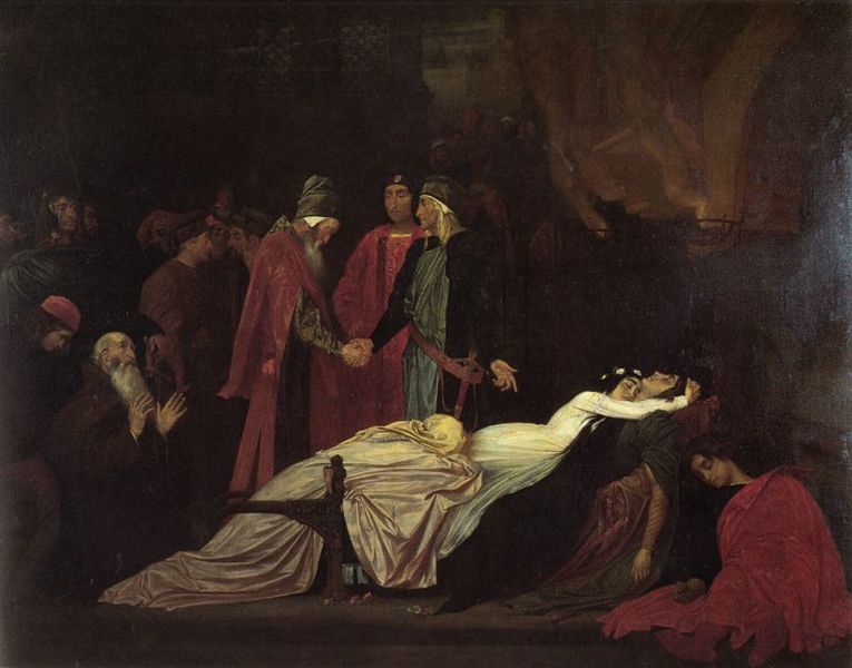 765px Frederick Leighton The Reconciliation of the Montagues and Capulets over the Dead Bodies of Romeo and Juliet