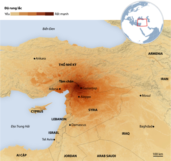 Vị trí tâm chấn động đất ở Thổ Nhĩ Kỳ sáng sớm 6/2. Đồ họa: Reuters.