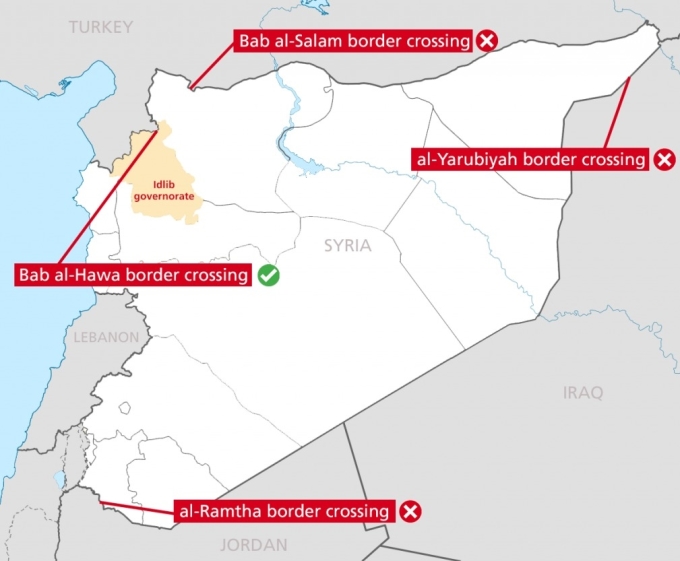 Vị trí 4 cửa khẩu của Syria được Hội đồng Liên Hợp Quốc chỉ định để vận chuyển hàng viện trợ, hiện chỉ còn Bab al-Hawa hoạt động. Đồ họa: PHR.