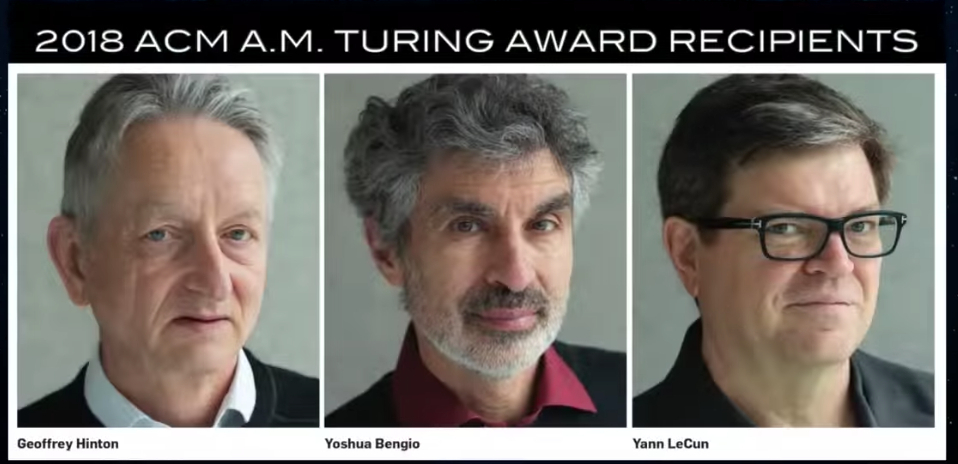 Năm 2018, Hinton (trái), Yann LeCun (phải) cùng Yoshua Bengio (giữa) đã giành được giải thưởng Turing vì những đóng góp cho nghiên cứu về mạng nơ-ron nhân tạo (Ảnh chụp màn hình)