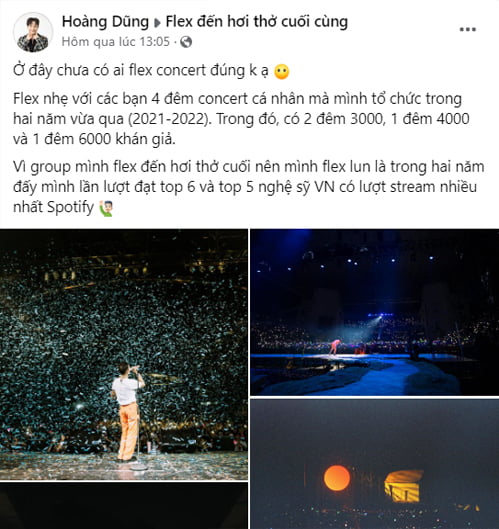 Ca si Hoang Dung huong ung trao luu flex khoe da to chuc thanh cong 4 concert ca nhan cung mot so thanh tich khac. Anh chup man hinh Facebook