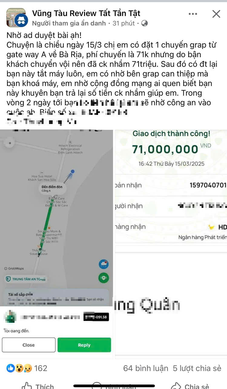 Hành khách chuyển tiền nhầm đăng bài lên mạng xã hội
