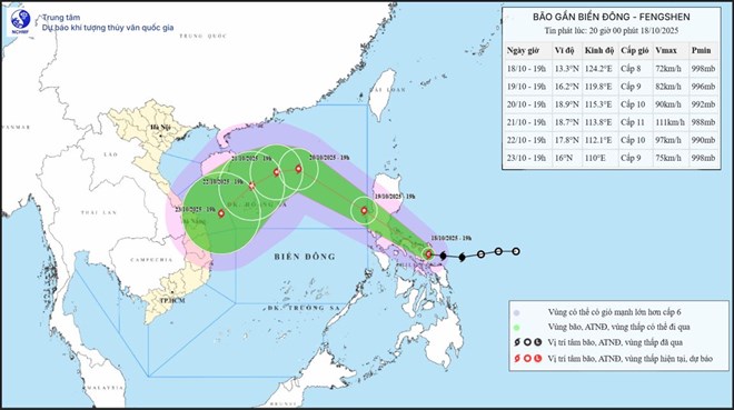 Bão Fengshen vào bắc Biển Đông trong 24 giờ tới, giật cấp 13 trong ngày 21/10